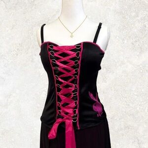 PLAYBOY Black and Pink Lace-Up corset Top
